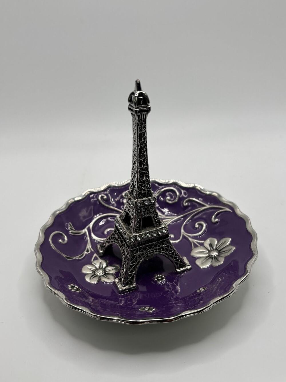 Eiffel Tower/ Paris jewelry holder dish, purple with silver and black accents